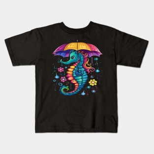 Seahorse Rainy Day With Umbrella Kids T-Shirt